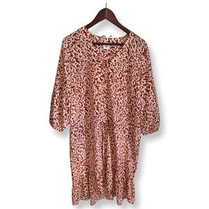 Cabi Large Rust/Cream Pattern Dress with Cinch Waist & Long Sleeves